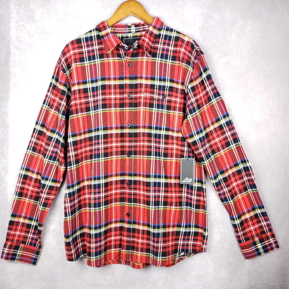 Mens Lost Red Plaid Flannel Shirt Button Up Long Sleeves Size Large